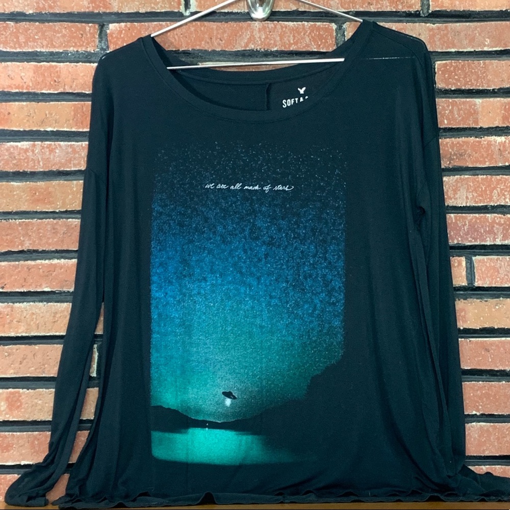 American Eagle Outfitters Black Long Sleeve Tee with Blue-Green Graphic